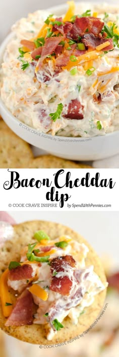 bacon cheddar dip in a white bowl with crackers