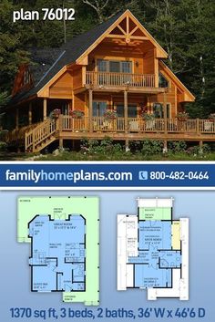 the floor plan for a log cabin with two levels and an upper level balcony, is shown