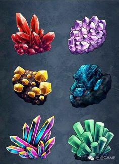 four different types of crystals are shown in this drawing style, each with different colors and shapes