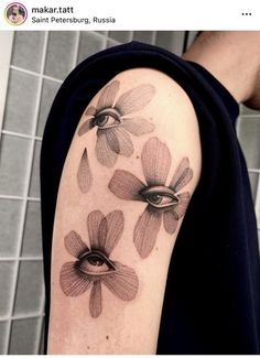 a person with a tattoo on their arm that has flowers in the shape of an eye