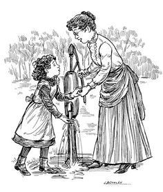 a woman and child are looking at an old fashioned water pump