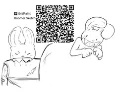 a cartoon character with a qr code next to it's head and arm