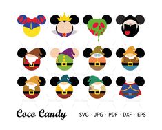 mickey mouse ears and other disney character heads with the names cocoa candy svg - dxf