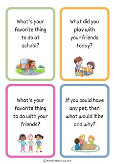 four children's cards with the words what's your favorite thing to do at school