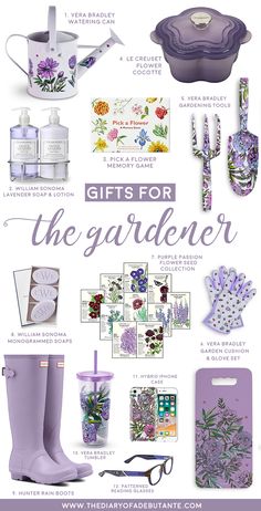 the gift guide for the gardener with purple flowers and lavenders on it, including an umbrella