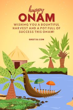 an image of a happy onam greeting card with palm trees and people in a boat