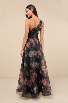 The Lulus Truly Extraordinary Black Floral Organza One-Shoulder Maxi Dress was made for occasions that deserve an extra special look! Effortlessly float through the evening with this airy woven organza gown, with a lovely floral print throughout, that features a lightly gathered, asymmetrical bodice (with hidden no-slip strips) and a single wide strap adorned with pleated detailing. A high, fitted waist tops a breezy, A-line skirt that falls to a chic maxi hem for a dramatic finish. Hidden back Elegant Floral Print Organza Maxi Dress, Black Floral Print Maxi Dress For Prom, Black Floral Evening Gown, Black Floral Gown, Black Off-shoulder Maxi Dress With Floral Print, Asymmetrical Gown, Black Floral Print Floor-length Gown, Organza Gown, Organza Gowns