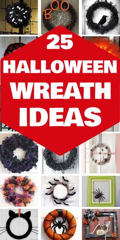 25 Halloween wreath ideas displayed in a collage featuring various spooky designs including spiders, webs, bats, and themed decorations. Diy Halloween Door Decorations, Horror Crafts, Halloween Front Door Decorations, Spooky Wreath, Halloween Front Doors, Halloween Ball