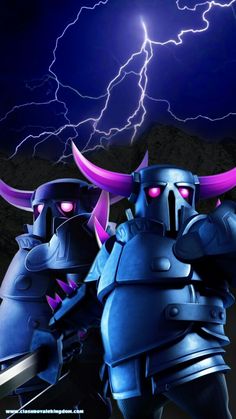 two knights in armor with horns and lightning behind them, both facing opposite directions to each other