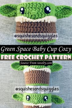 three crocheted yoda cups with the words green space baby cup cozy on them