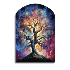 a painting of a tree with colorful lights in the night sky and stars on it