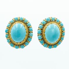 These Victorian 14-karat gold cluster earrings are a classic piece of antique jewelry, featuring stunning robin's egg blue turquoise stones. Each earring contains a large central turquoise cabochon, surrounded by a halo of smaller turquoise gems, all set in intricately detailed gold settings. The vibrant blue hues of the turquoise create a striking contrast against the rich gold, embodying the elegance and refinement of the Victorian era. These earrings are perfect for collectors of vintage jewe Traditional Turquoise Filigree Jewelry, Victorian Turquoise Gemstone Jewelry, Victorian Turquoise Pendant Jewelry, Luxury Vintage Turquoise Earrings, Luxury Turquoise Cabochon Earrings, Robin's Egg Blue, Chunky Earrings, Victorian Rings, Robins Egg