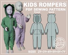 "THIS IS A SEWING PATTERNS AND NOT A READY TO WEAR  PRODUCT. Pattern a  hooded Kids Romper features a front zip fastening and long raglan sleeves finished with an elasticated hem or knitted cuffs at the wrists. You can choose the style of the ears.   THIS LISTING INCLUDES PACK SIZES KIDS 2Y, 3Y, 4Y, 5Y, 6Y, 7 YEARS SO YOU CAN SELECT ONLY THE SIZE YOU WANT TO PRINT. You will receive an email from \"Etsy\" wish a link to download the files right after payments. The Digital files will automatically Boys Sewing Patterns Free, Pattern Overalls, Kids Rompers, Toddler Sewing Patterns, Boys Sewing Patterns, Romper Sewing Pattern, Baby Clothes Patterns Sewing, Boy Sewing, Rompers For Kids