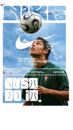 an advertisement for nike featuring a soccer player with his head in the air and a ball above him