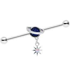 14 Gauge Aurora Blue Gem Saturn Star Dangle Industrial Barbell 38mm This 14 gauge helix barbell will have you seeing stars...and planets! It's made with a 1 1 /2" durable 316L surgical grade stainless steel straight barbell with 5mm ball ends. It features a planet Saturn charm, with the planet set in deep blue gems and a simple ring around it. Dangling beneath it is a small star charm, with an aurora gem set at the center. And you can slide the charm up and down the length of the barbell for the Saturn Charm, Types Of Ear Piercings, Planet Saturn, Barbell Earrings, Industrial Barbell, Industrial Piercing, Body Jewelry Piercing, Helix Earrings, Ear Candy