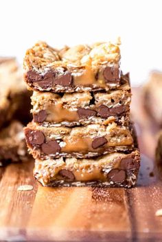 chocolate chip cookie bars stacked on top of each other