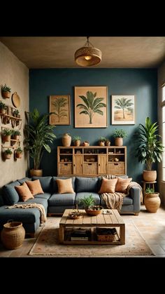 a living room filled with furniture and potted plants