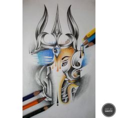 a drawing of an elephant with horns and eyes on it's face, surrounded by colored pencils