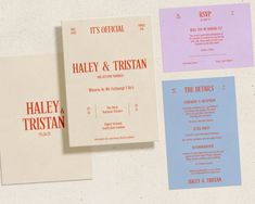 three different colored wedding cards on top of each other with the word it's official printed on them