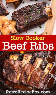 slow cooker beef ribs in a skillet with sauce and parsley on the side