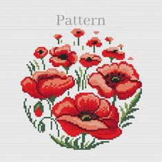 a cross stitch pattern with red flowers and the words'pattern'written in white