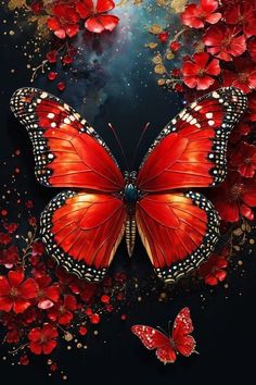 a red butterfly sitting on top of a black background with flowers and butterflies around it