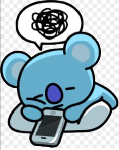 a blue teddy bear sitting on top of a cell phone next to a speech bubble