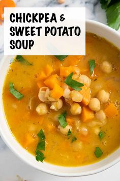 chickpea and sweet potato soup in a white bowl