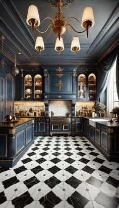 an elegant kitchen with black and white checkered flooring, chandelier and cabinets