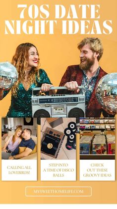 a flyer for an event with two people and disco balls in front of the image