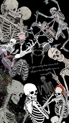 a bunch of skeletons that are in the air