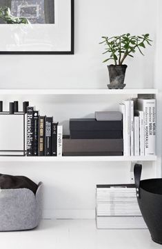 a white shelf with books and plants on it