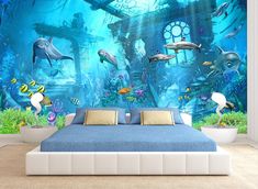 an underwater scene with dolphins and other marine creatures in the water wallpaper mural print