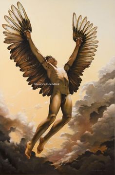 a painting of an angel flying through the sky with his wings spread out and outstretched