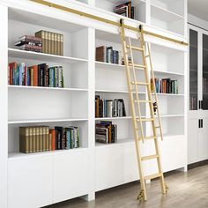 a ladder leaning up against a white bookcase filled with books