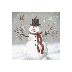 a snowman wearing a top hat and scarf in the snow with birds flying around