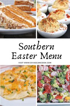 several different types of food on plates with the words southern easter menu written below them