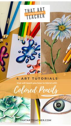 some art supplies and pencils with the title that reads, 4 art lessons that will teach you how to blend with colored pencils