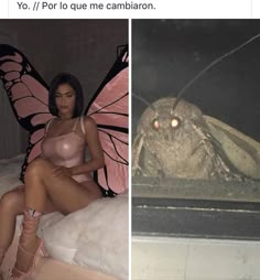 a woman sitting on top of a bed next to a giant moth in a room