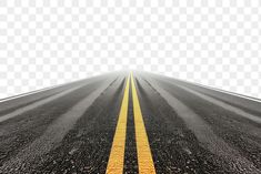 an empty road with yellow lines on the side and white sky in the back ground