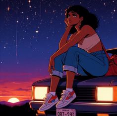 a woman sitting on the hood of a car with stars in the sky behind her