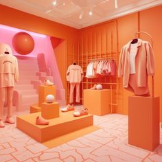 an orange and pink clothing store with mannequins