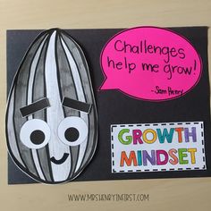 a paper cut out of a seed with a thought bubble above it that says challenges help me grow