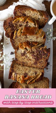 banana bread is stacked on top of each other with the words, easter banana bread