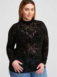 Flocked Mesh Mock Neck Long Sleeve Top Plus Size Black Lace Top, Plus Size Mesh Top Outfit, Plus Size Goth, Dressy Clothes, Mock Neck Shirt, Corporate Goth, Black Lace Top, Romantic Goth, Mesh Shirt