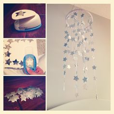 a collage of photos with stars hanging from the ceiling, and a handmade mobile