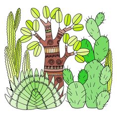 a drawing of a tree surrounded by green plants and cacti on a white background