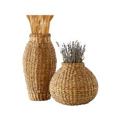 two vases made out of wicker with lavender stems in the bottom and one on the side