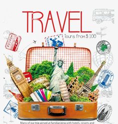 an advertisement for travel with the statue of liberty and other things in it's suitcase