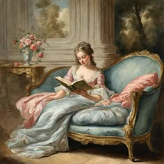 a painting of a woman sitting in a chair reading a book